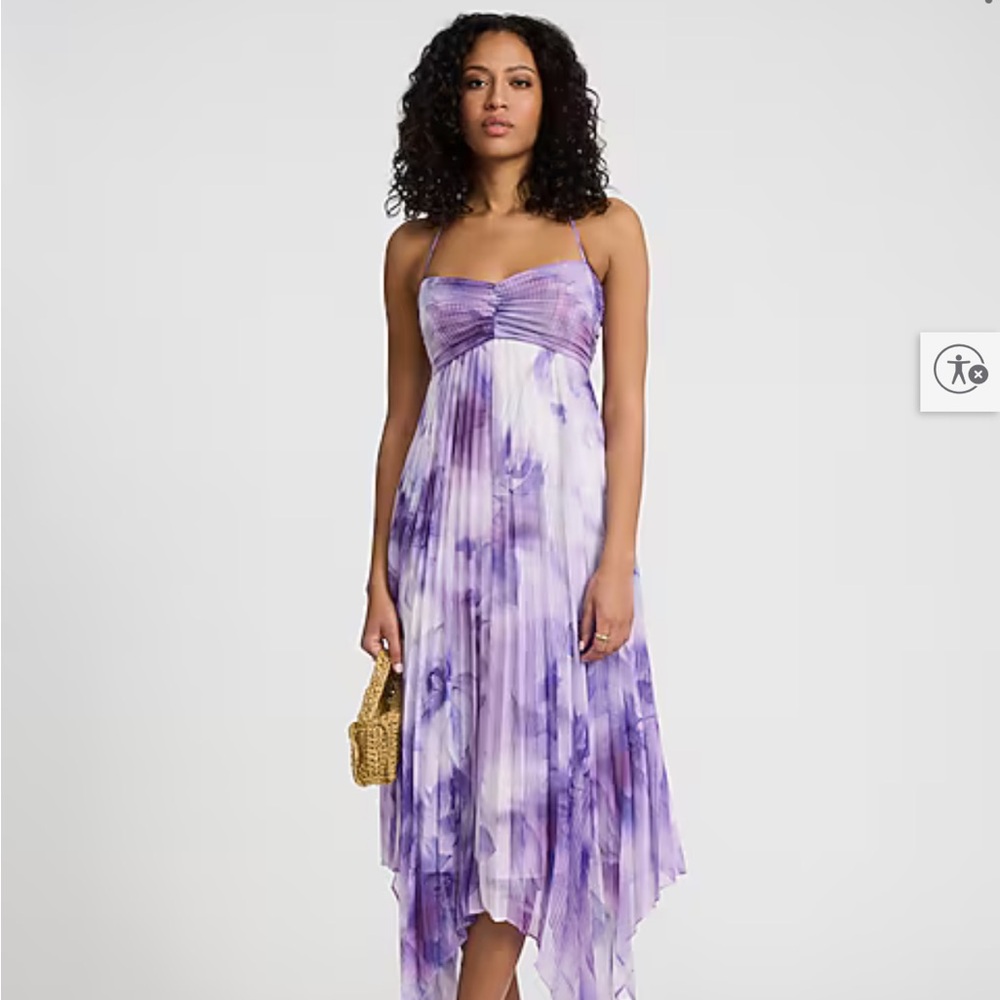 Elegant Purple Pleated Tie Halter Sweetheart Asymmetrical Midi Dress, size Small
